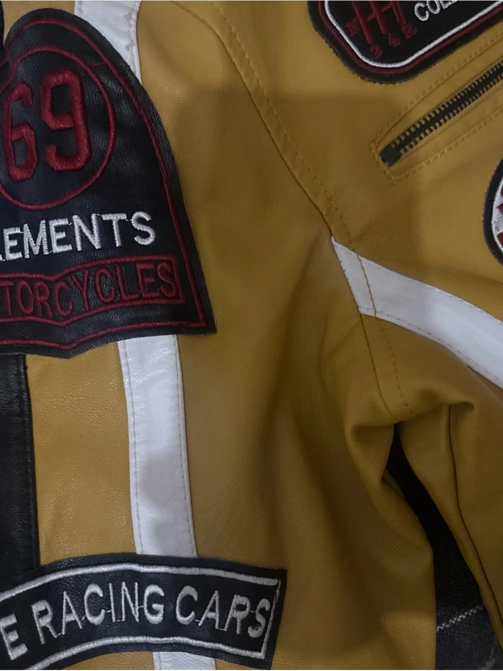 Racing-Inspired Mustard Yellow Leather Bomber Jacket with White Stripes